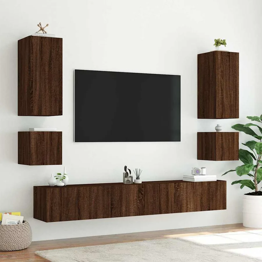 Meubles TV muraux lumières LED 2 pcs chêne marron 40,5x35x40 cm - 5