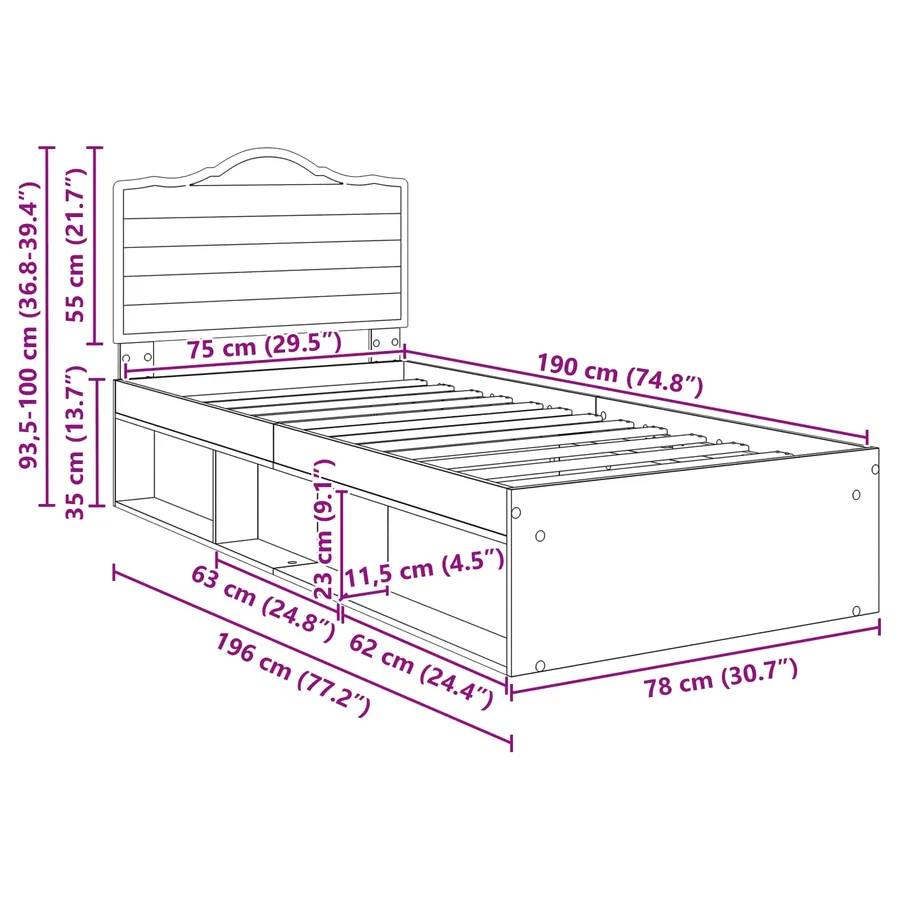 Cadre de lit Gris Sonoma 75 x 190 cm Pin massif - 12