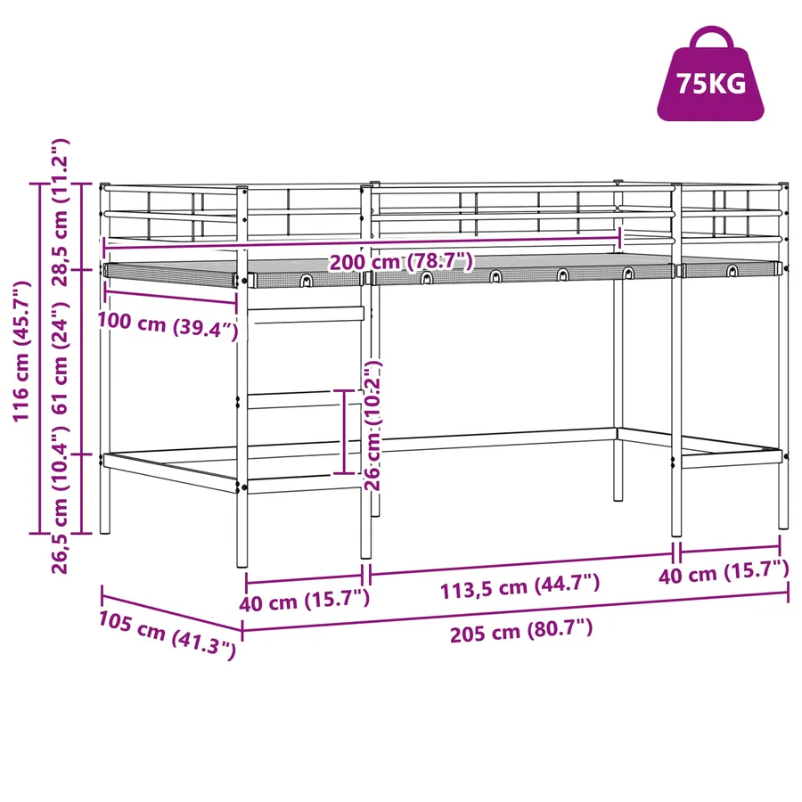 Cadre de Lit Mezzanine pour Enfants avec Rideaux Blanc et Noir - 15