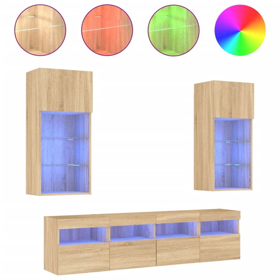 Unités murales TV avec LED 5 pcs chêne sonoma bois d'ingénierie - 2