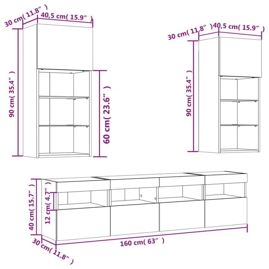 Unités murales TV avec LED 5 pcs chêne sonoma bois d'ingénierie - 20