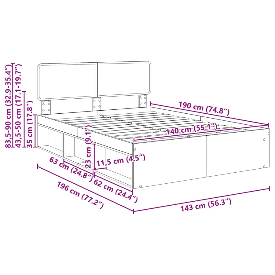 Cadre de lit avec tête de lit Béton 140 x 190 cm Pin massif - 13