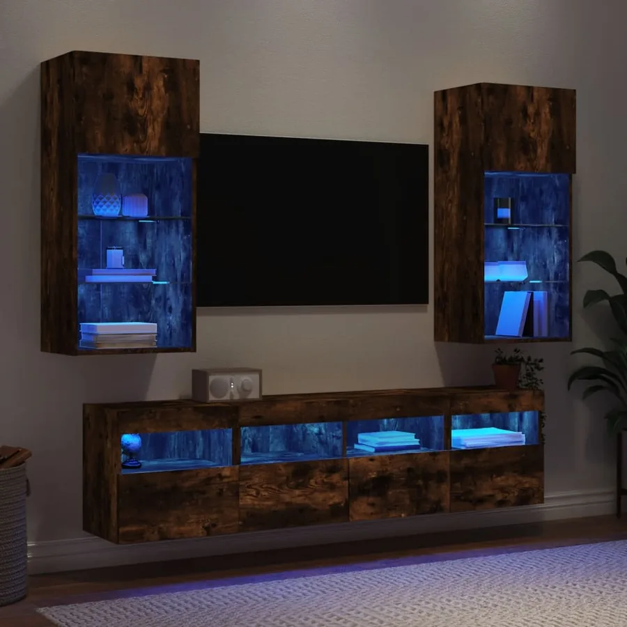 Unités murales TV avec LED 5 pcs chêne fumé bois d'ingénierie