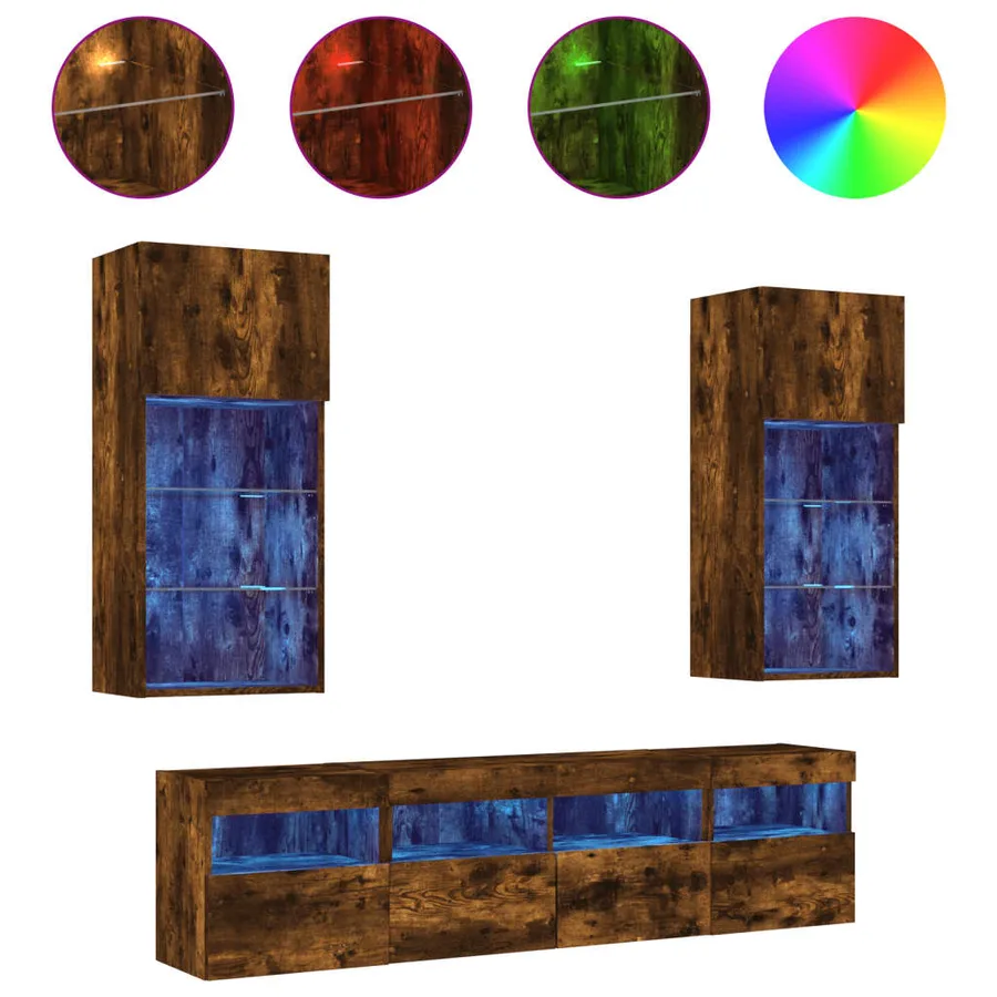 Unités murales TV avec LED 5 pcs chêne fumé bois d'ingénierie - 2