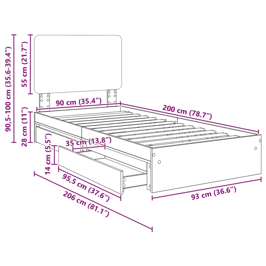 Lit de Rangement Gris Sonoma 90 x 200 cm Bois d'ingénierie - 14