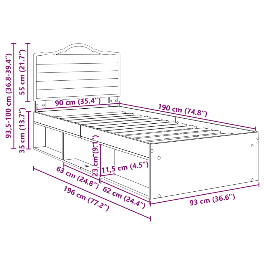 Cadre de lit Bois ancien 90 x 190 cm Pin massif - 13