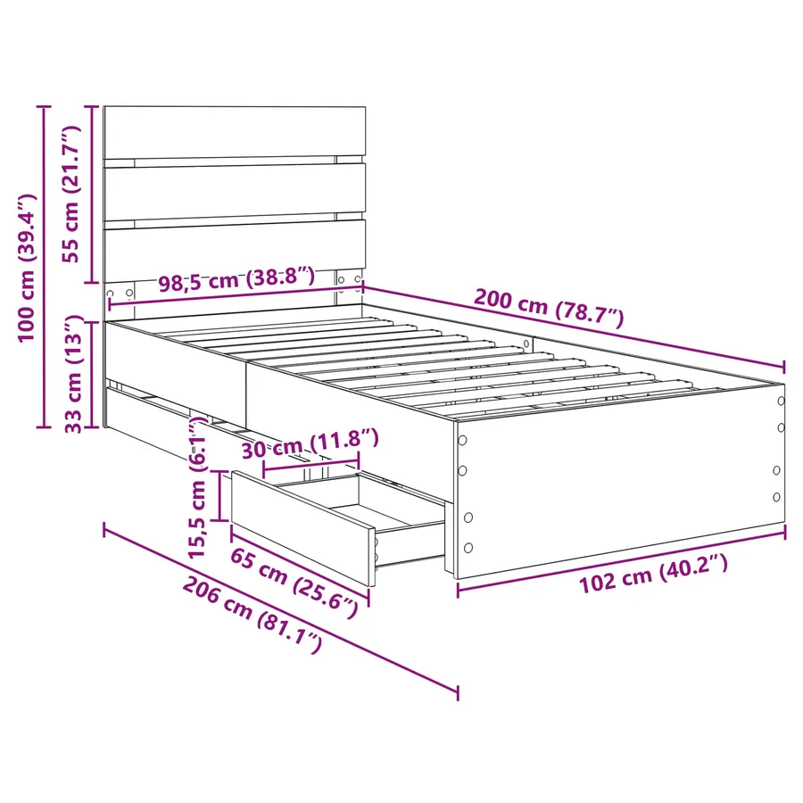 Cadre de lit Chêne Sonoma 100 x 200 cm Bois Ingénierie - 14