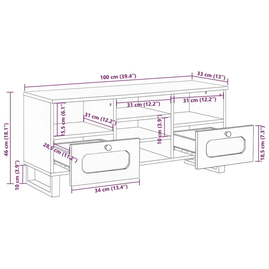 Meuble TV Marron 100 x 33 x 46 cm Bois de mangue massif - 11