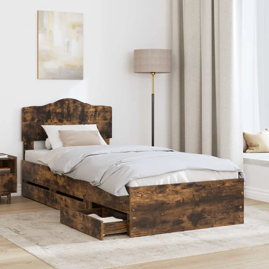 Cadre de lit avec tiroir Chêne fumé 75 x 190 cm Bois Ingénierie - 3