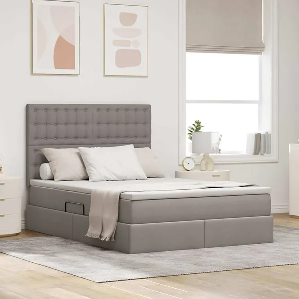 Lit avec rangement et matelas Taupe 140 x 200 cm tissu