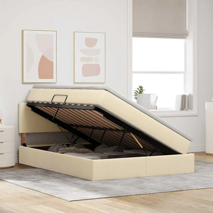 Lit de rangement LED avec matelas Crème 140 x 200 cm Tissu - 4