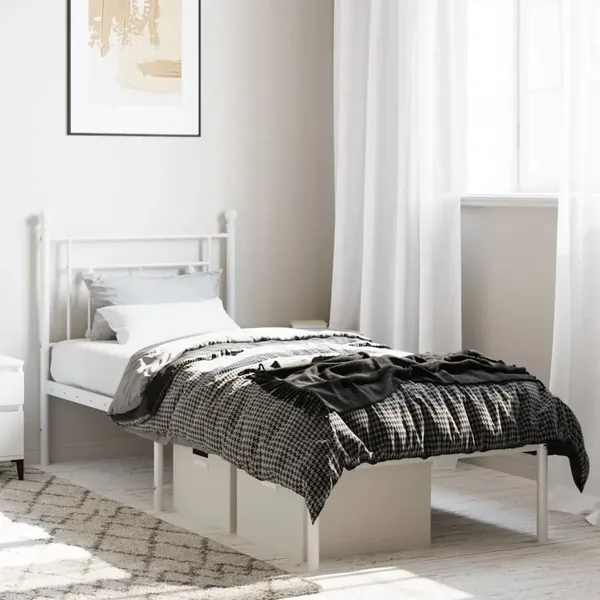 Cadre de lit métal sans matelas avec tête de lit blanc 80x200cm