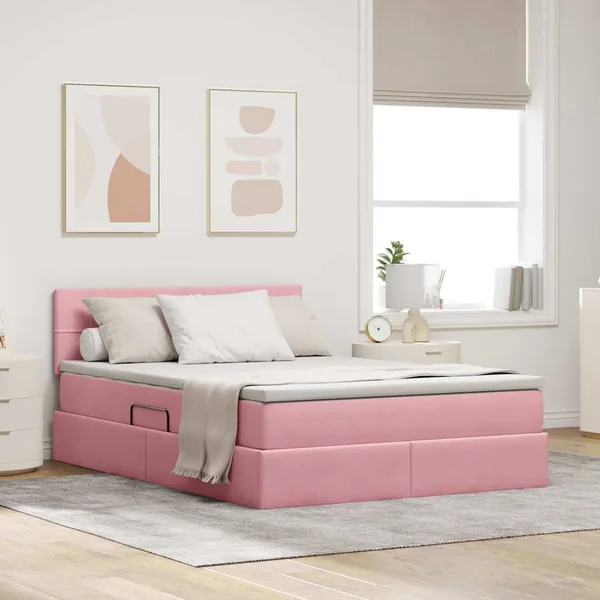 Lit de rangement LED avec matelas Rose 140 x 200 cm Velours
