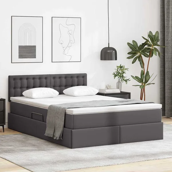 Lit avec rangement et LED Gris 140 x 200 cm Cuir synthétique