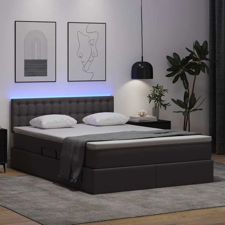 Lit avec rangement et LED Gris 140 x 200 cm Cuir synthétique - 5
