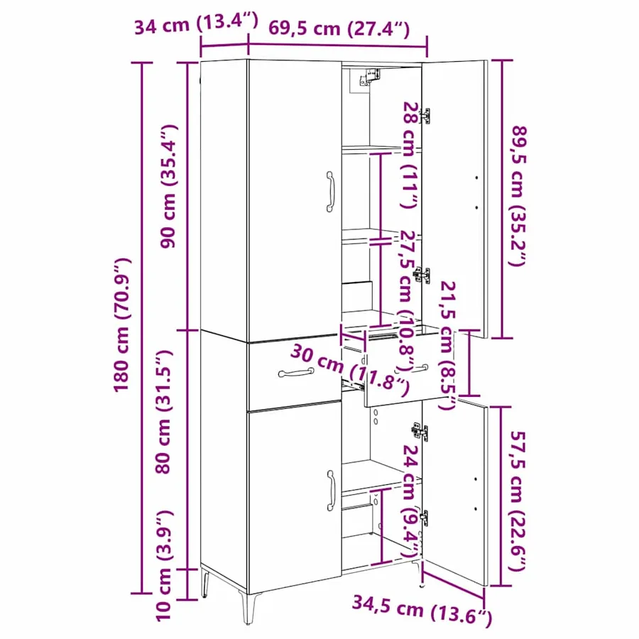 Haut Armoire Chêne noir 69,5 x 34 x 180 cm Bois d'ingénierie - 12