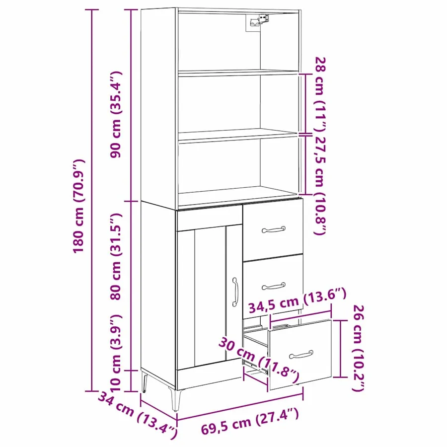 Haut Armoire Chêne noir 69,5 x 34 x 180 cm Bois d'ingénierie - 15