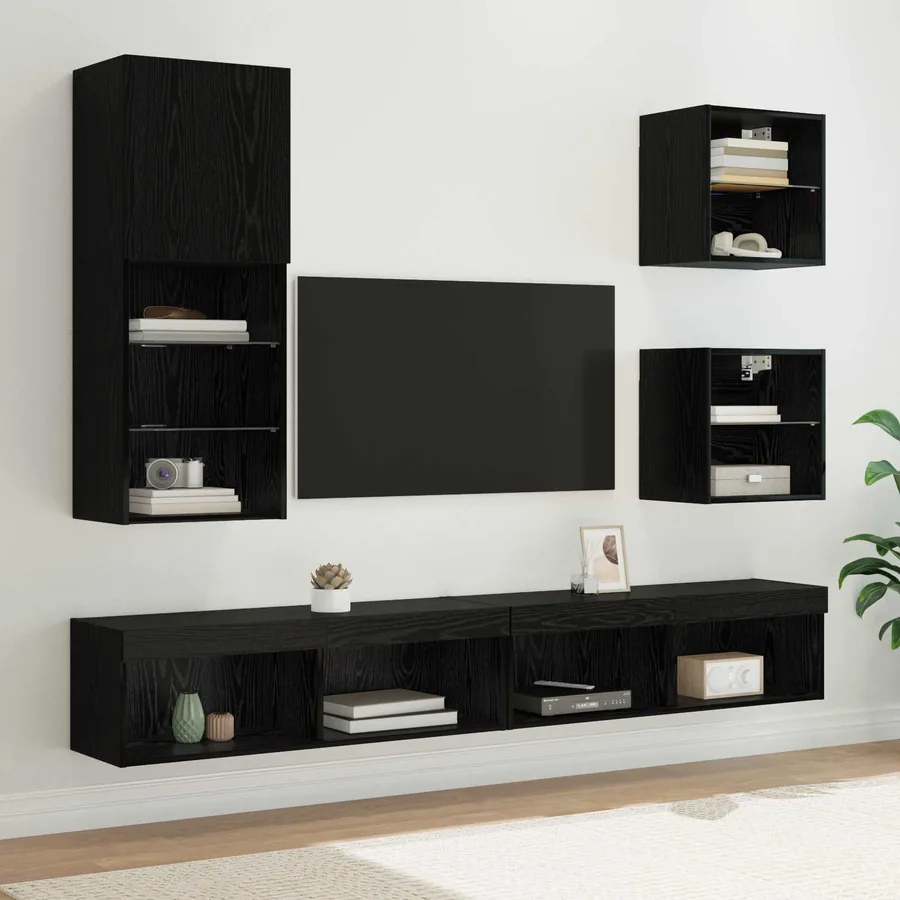 Unités murales TV avec LED 5 pcs Chêne noir Bois d'ingénierie