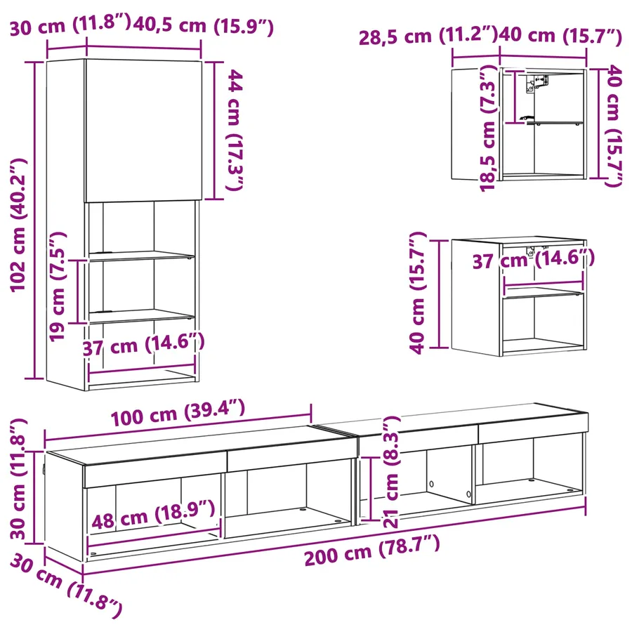 Unités murales TV avec LED 5 pcs Chêne noir Bois d'ingénierie - 15