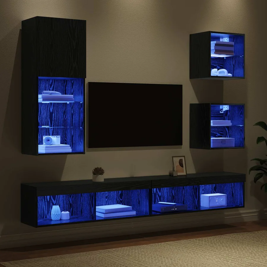 Unités murales TV avec LED 5 pcs Chêne noir Bois d'ingénierie - 5