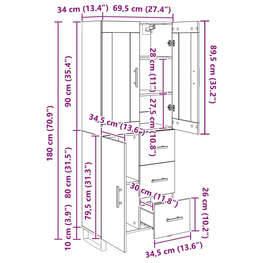 Haut Armoire 2 pcs Chêne noir Bois Aggloméré et Verre - 13