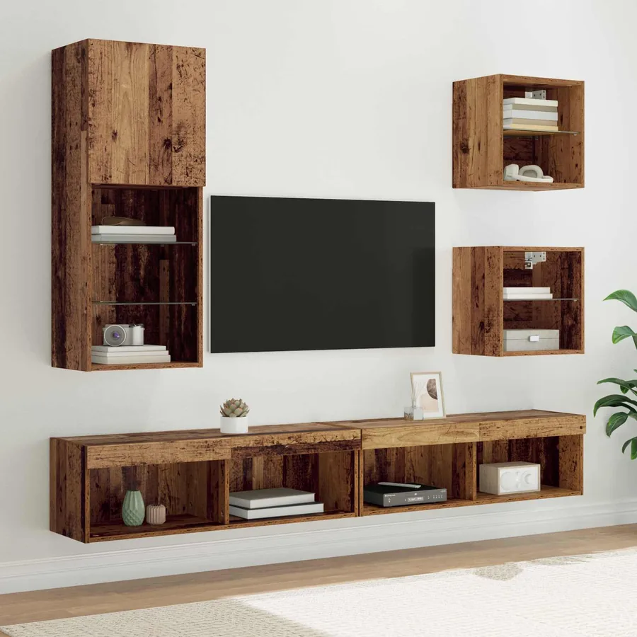 Unités murales TV avec LED 5 pcs Bois Ancien Bois d'ingénierie