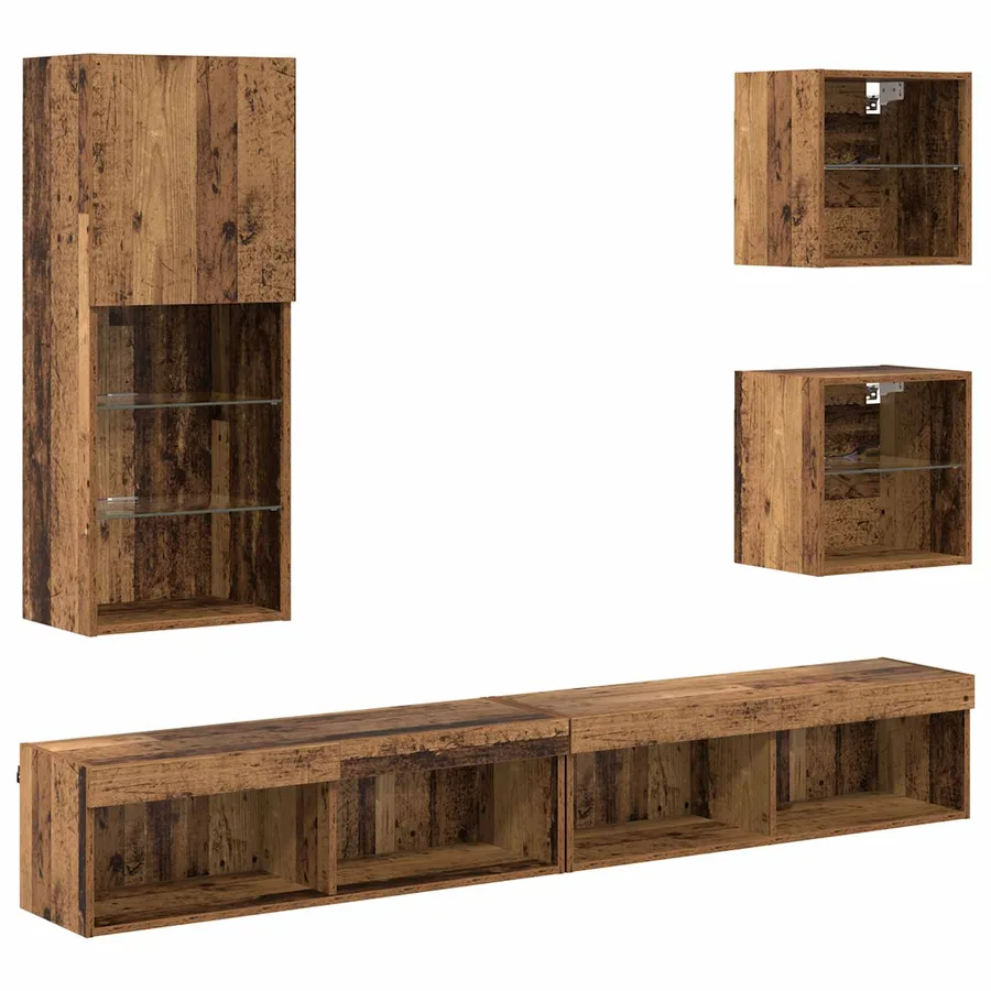 Unités murales TV avec LED 5 pcs Bois Ancien Bois d'ingénierie - 2