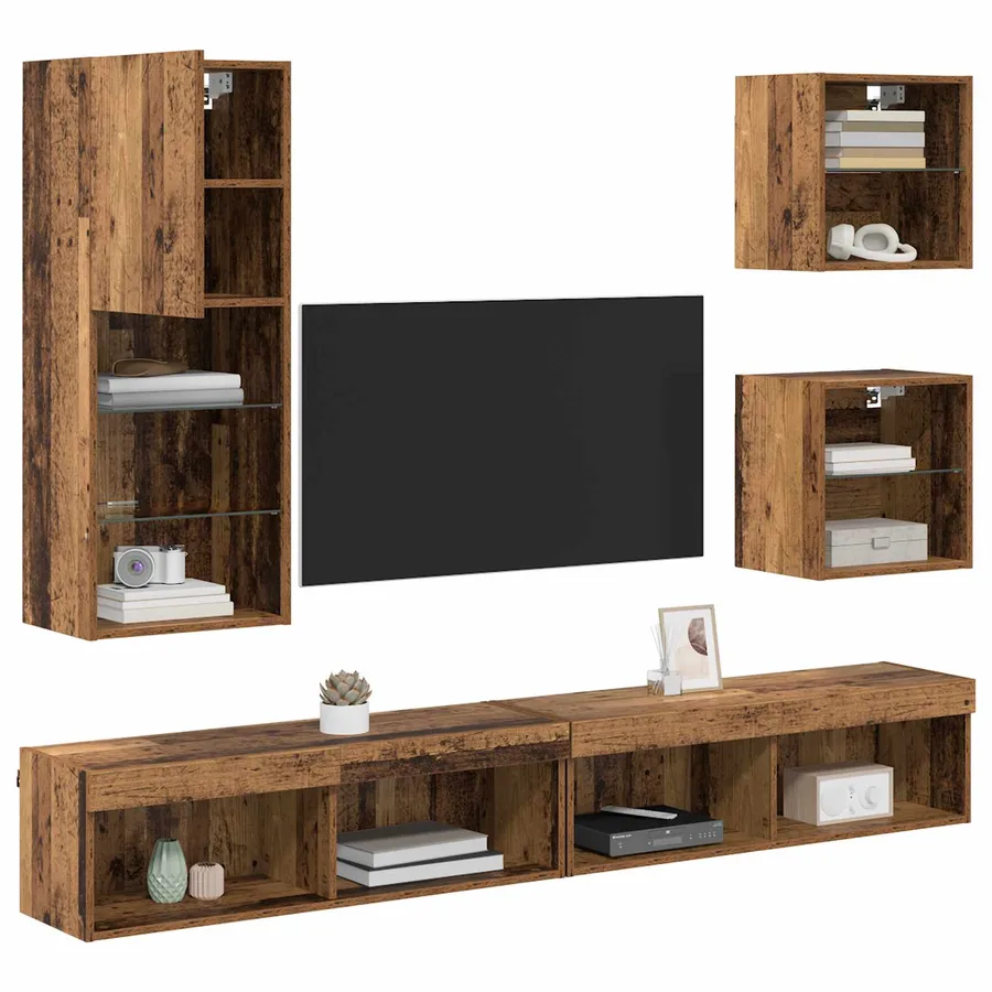 Unités murales TV avec LED 5 pcs Bois Ancien Bois d'ingénierie - 3