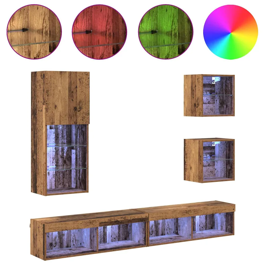 Unités murales TV avec LED 5 pcs Bois Ancien Bois d'ingénierie - 4