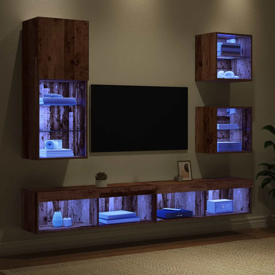 Unités murales TV avec LED 5 pcs Bois Ancien Bois d'ingénierie - 5