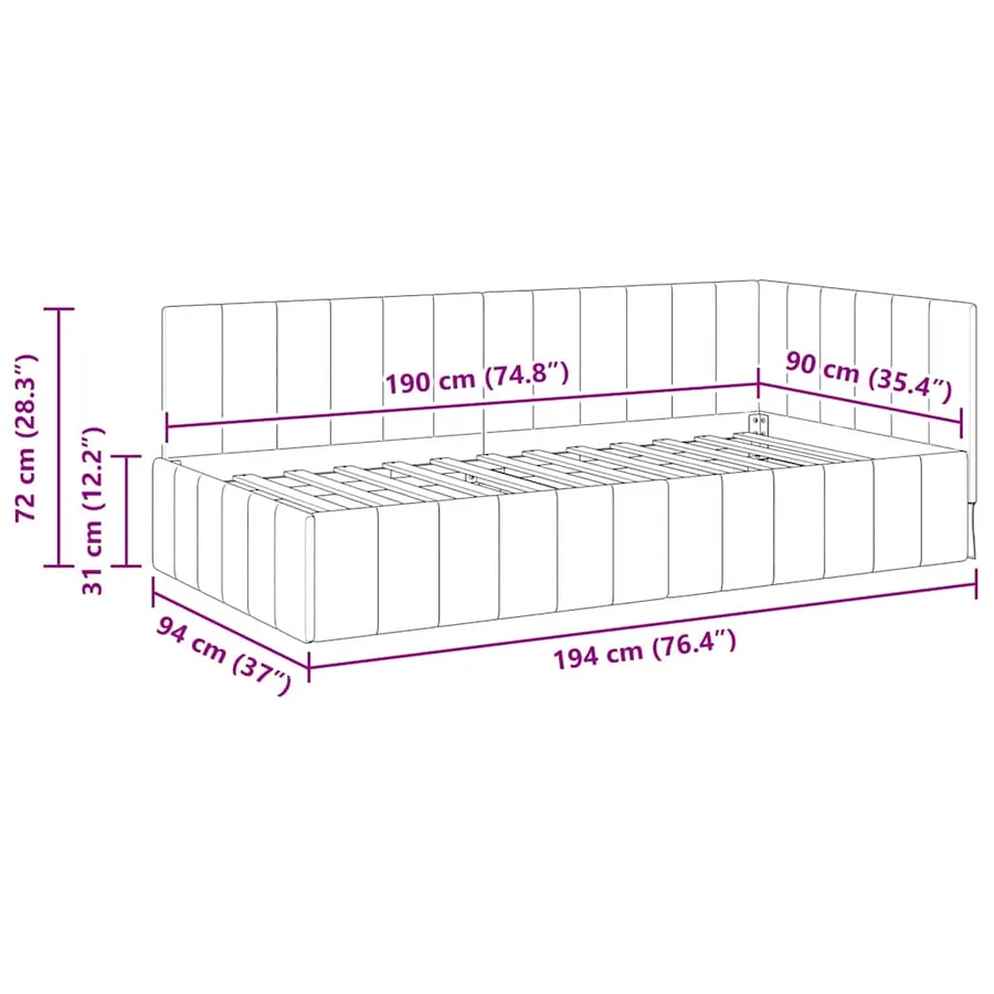 Cadre de lit d'angle Bordeaux 90 cm x 190 cm Velours - 11