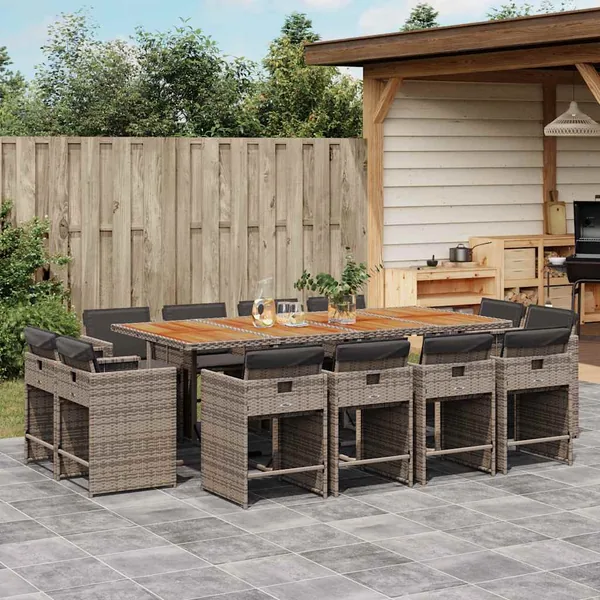 Ensemble à manger de jardin coussins 13 pcs gris résine tressée