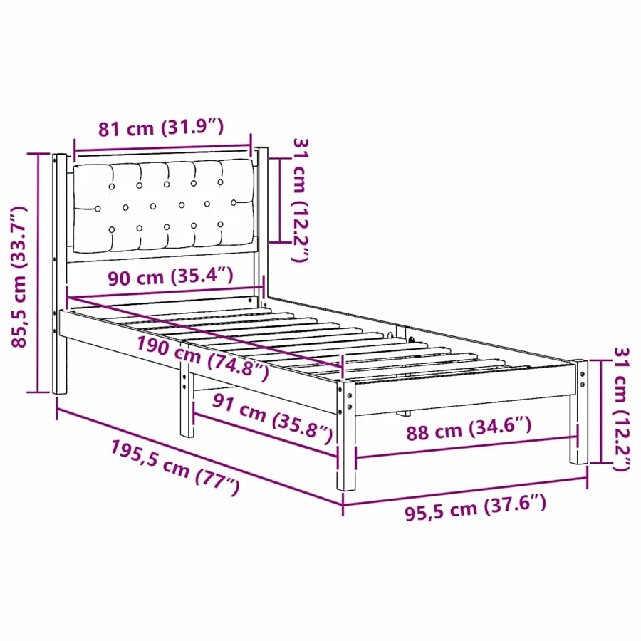 Cadre de lit avec tête de lit Gris foncé 90 x 190 cm Pin massif - 11