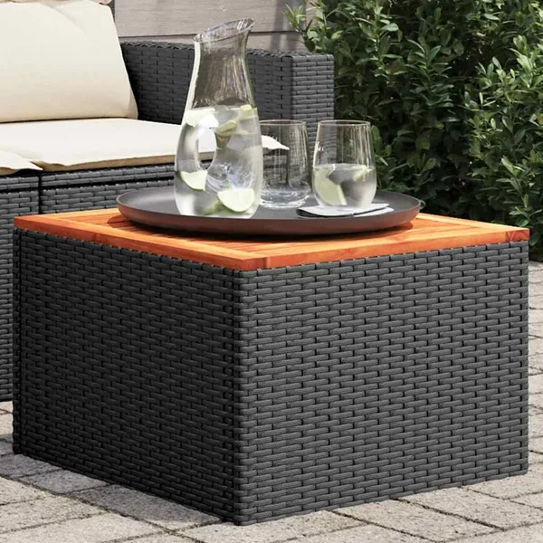 Table de jardin noire 55 x 55 x 37 cm en résine tressée et bois d'acacia