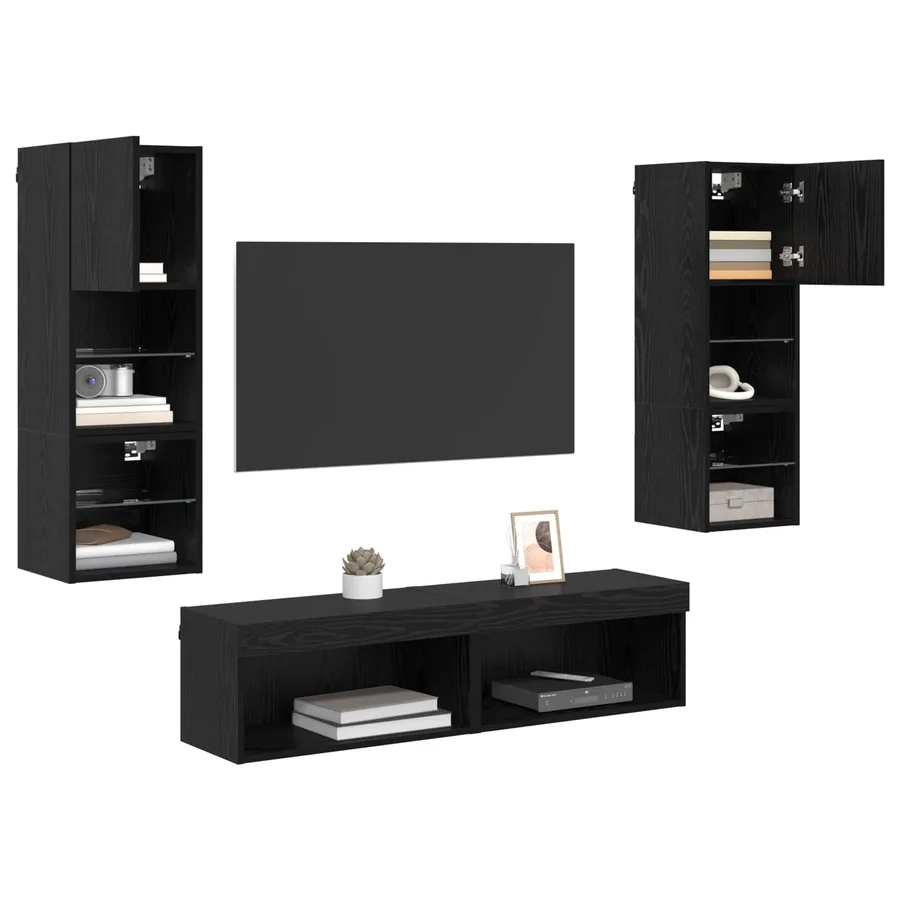 Unité murale de TV 6 pcs Chêne noir Bois d'ingénierie - 3