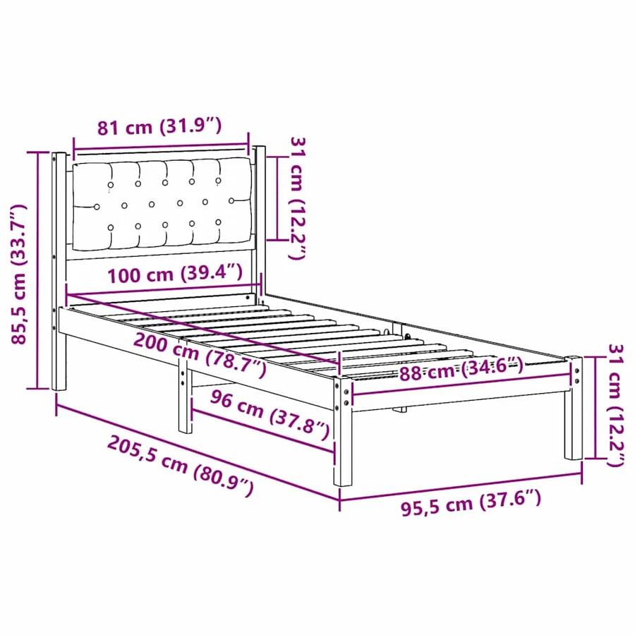 Cadre de lit avec tête de lit Taupe 100 x 200 cm Pin massif - 11