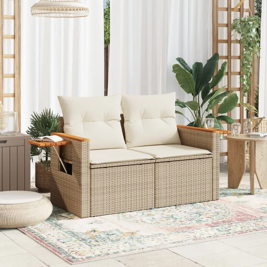 Canapé de jardin avec coussins 2 places beige résine tressée - 3