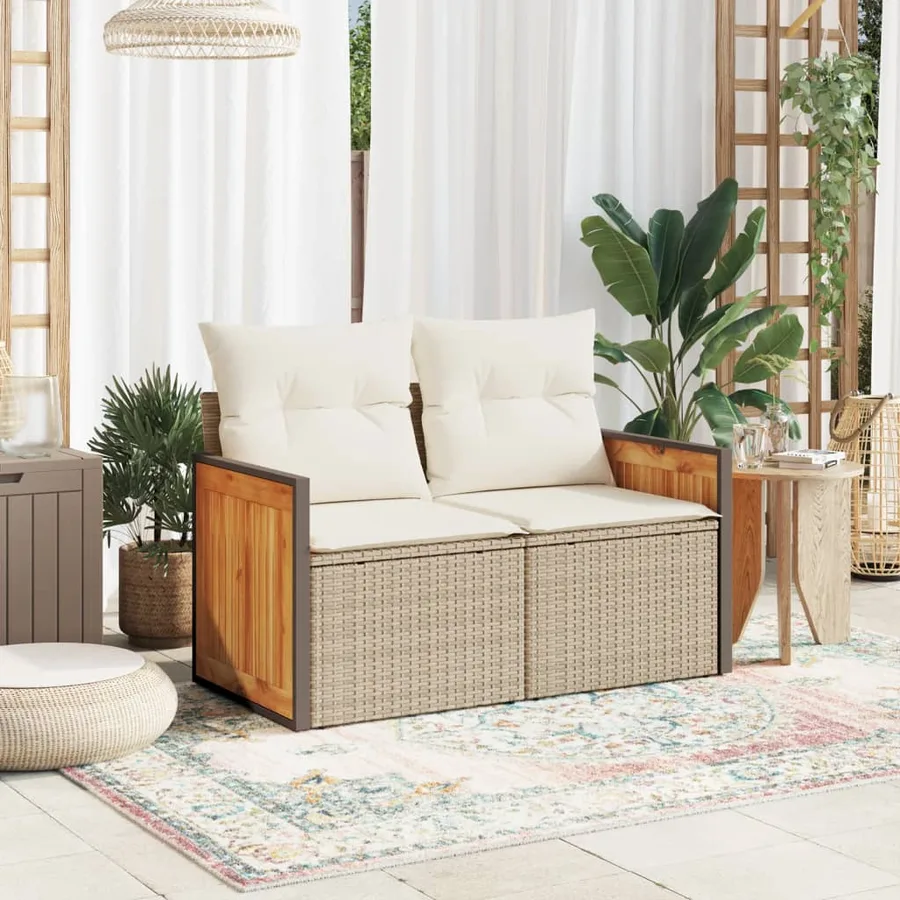 Canapé de jardin avec coussins 2 places beige résine tressée - 3