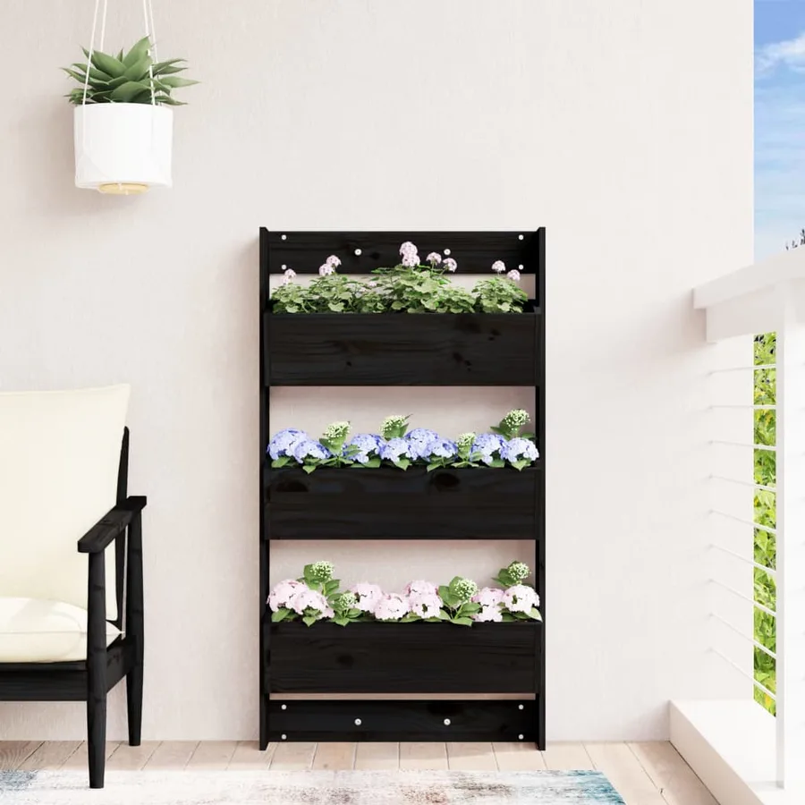 Jardinière murale 3 niveaux 60x18,5x110 cm noir bois pin massif - 3