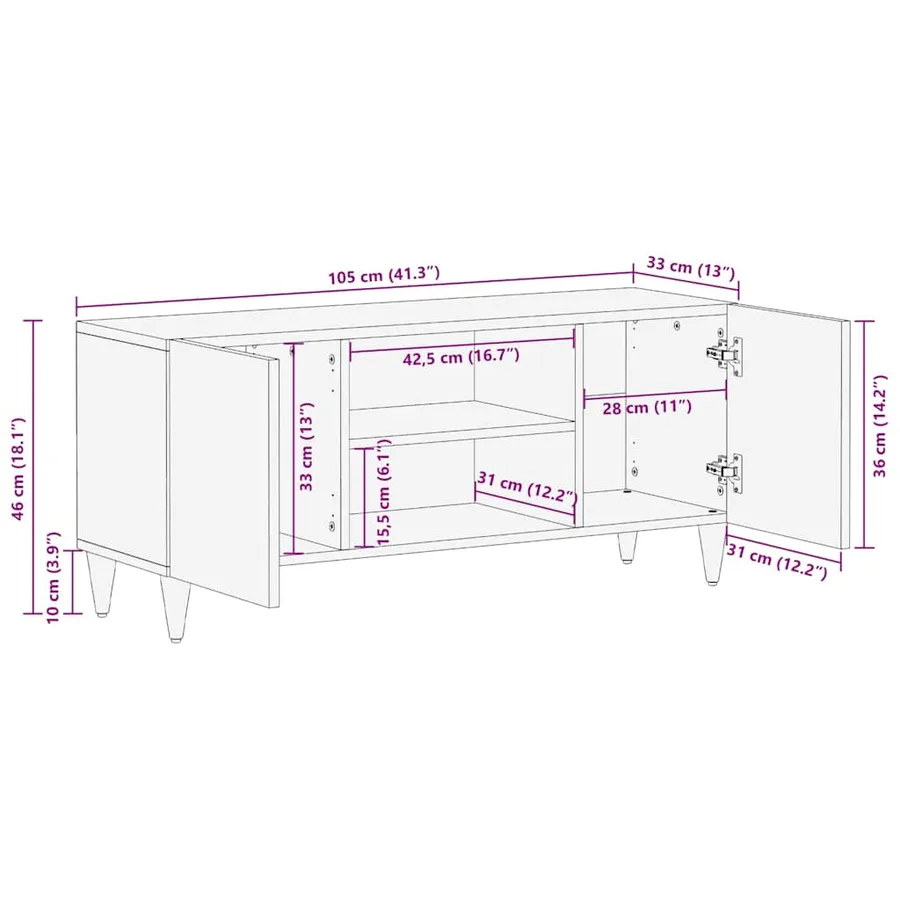 Meuble TV Noir 105 x 33 x 46 cm Bois de mangue massif - 11