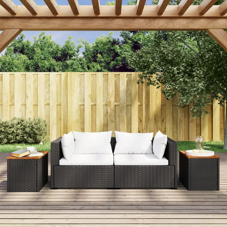 Tables d'appoint jardin 2pcs noir 55x34x37 cm rotin bois massif - 3