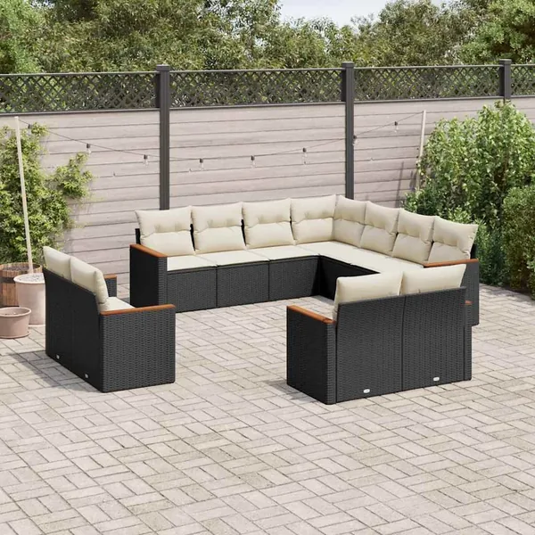 Salon de jardin 11 pcs avec coussins noir résine tressée