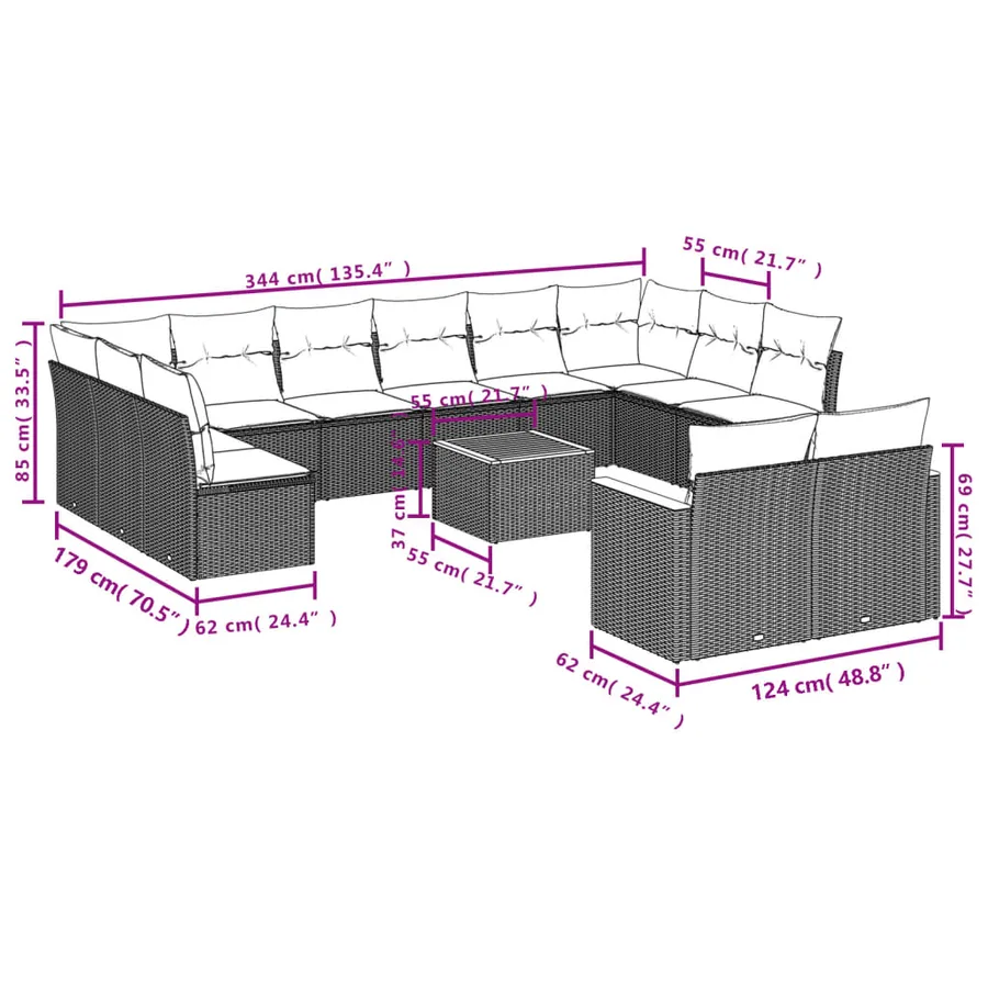 Salon de jardin avec coussins 13 pcs noir résine tressée - 8
