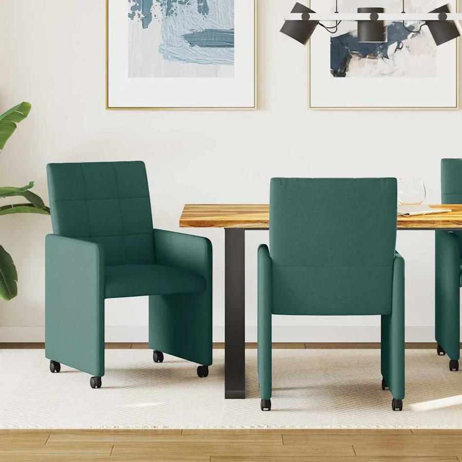 Chaises de Salle à Manger avec Roues 2 pcs Vert foncé tissu