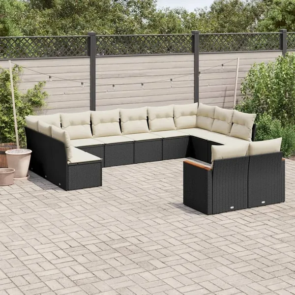 Salon de jardin 12 pcs avec coussins noir résine tressée