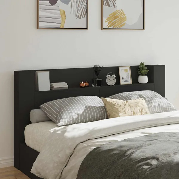 Tête de lit de rangement avec LED Noir Bois d'ingénierie
