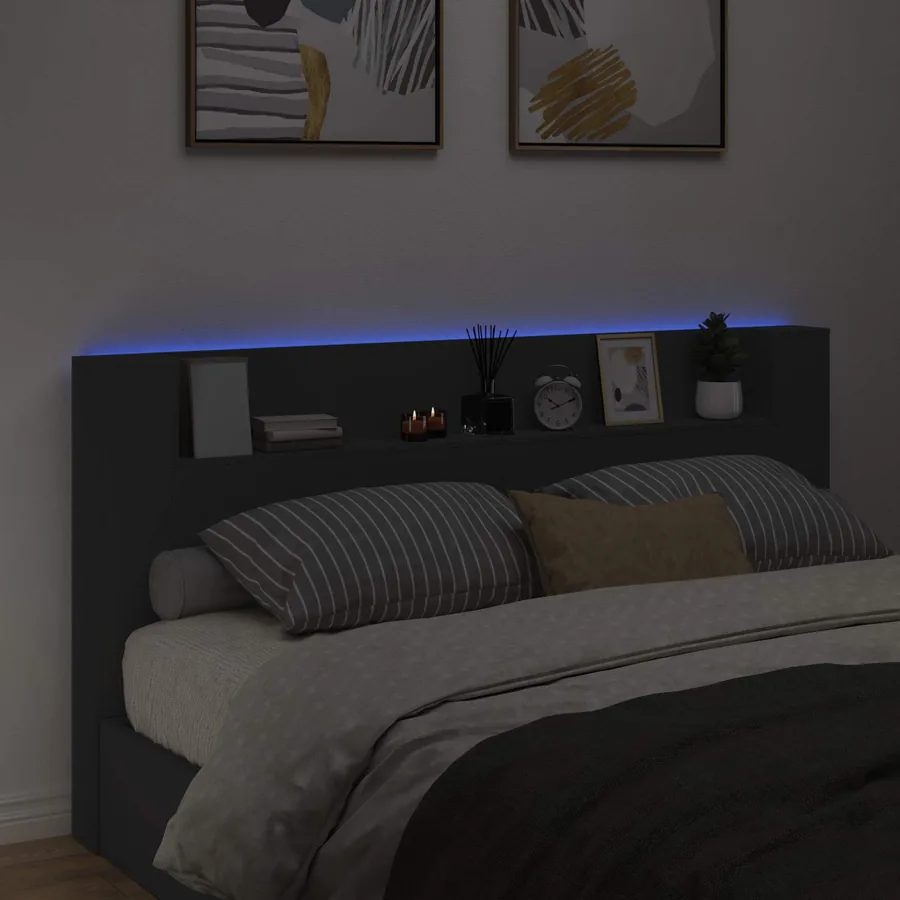 Tête de lit de rangement avec LED Noir Bois d'ingénierie - 4