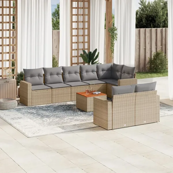 Salon de jardin avec coussins 9 pcs beige résine tressée