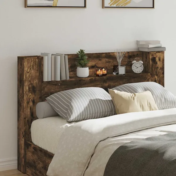 Tête de lit de rangement avec LED Chêne fumé Bois d'ingénierie