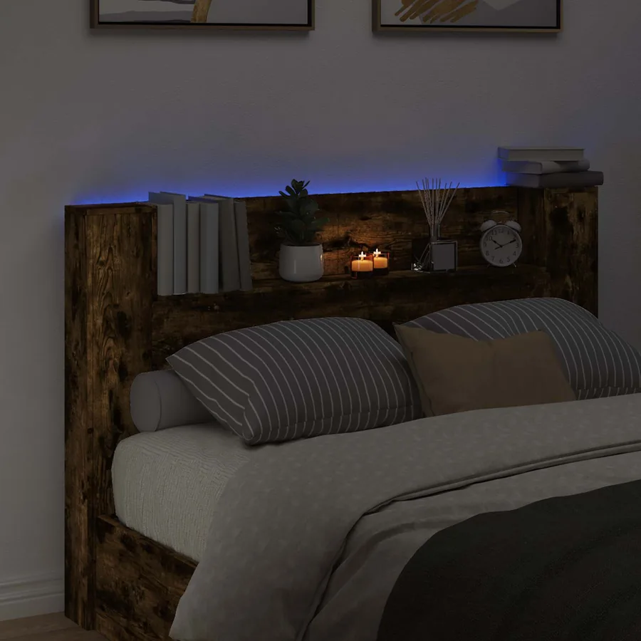 Tête de lit de rangement avec LED Chêne fumé Bois d'ingénierie - 4